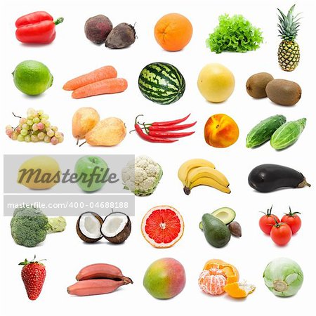 Large collection of fruits and vegetables isolated on white background, high resolution