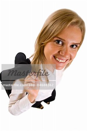 happy businesswoman with her coat on shoulder over white