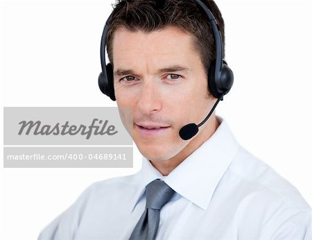 Self-assured sales representative man with an headset against white background