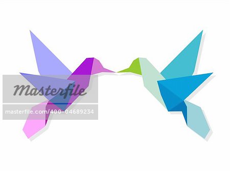 Couple of Origami vibrant colors hummingbird giving a kiss. Vector file available.