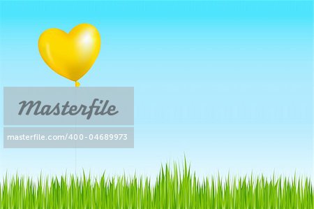 Yellow Heart Shape Balloon Like As Sun Above Grass