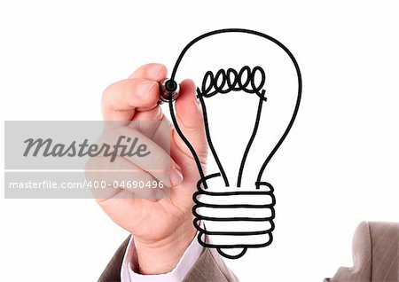 Businessman hand drawing black light bulb isolated on white