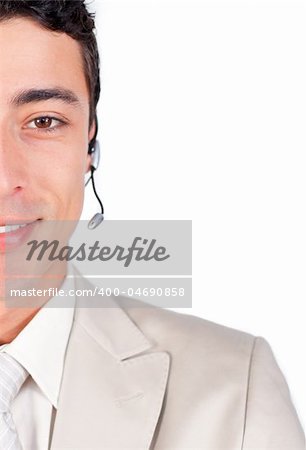 Self-assured customer service representative using headset against a white background