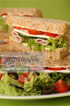 Healthy sandwiches with ham, camembert, tomatoes, cucumber, lettuce and black olives