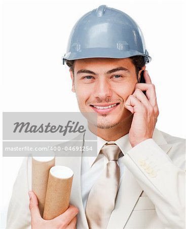 Portrait of a young architect on phone isolated on a white background