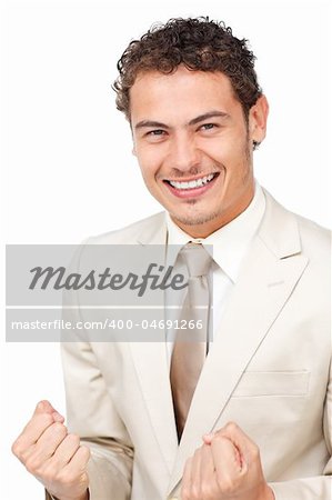 Succesful businessman punching the air in celebration isolated on a white background