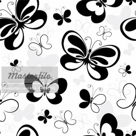 Seamless white pattern with silhouettes butterflies (vector)