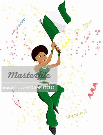 Black Girl Nigeria Soccer Fan with flag. Editable Vector Illustration