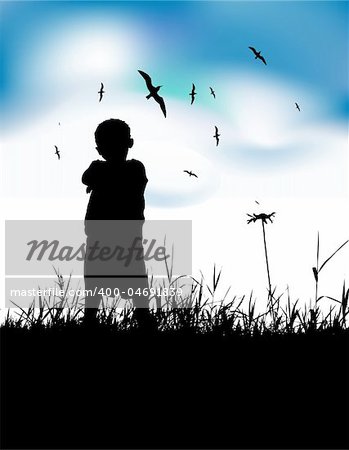 Little boy on summer field, silhouette on blue sky