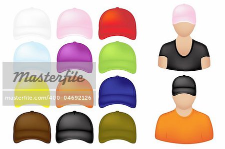 People Icons With Set Of Colorful Baseball Caps, Isolated On White