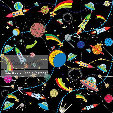 similar black space background with rockets and planets