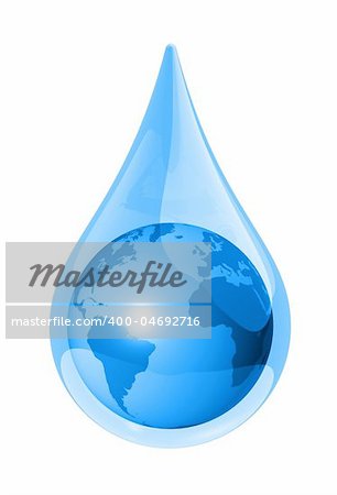 world globe map in a water drop isolated on white. 3D ecology symbol