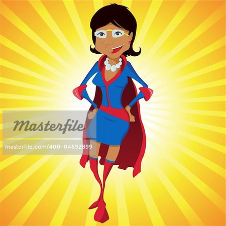 Black Super Woman Mother Cartoon with Yellow Background. Editable Vector Illustration