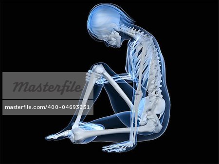 3d rendered illustration of a sitting female skeleton with painful knee