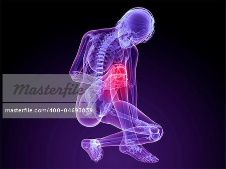 3d rendered illustration of a sitting female skeleton with highlighted knee