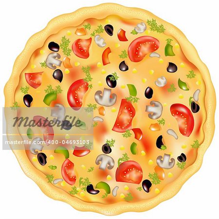 Freshly Baked Pizza With Mushrooms, Tomatos, Olives And Peppers, Isolated On White