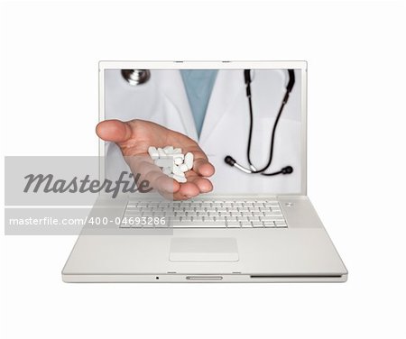 Doctor Handing Pills Through Laptop Screen Isolated on a White Background.