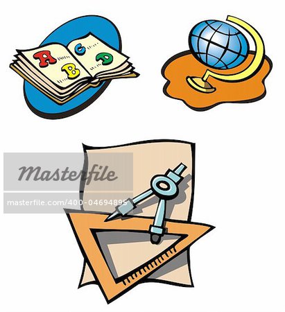 Set of educational objects, book, globe and compass, cartoon, vector illustration