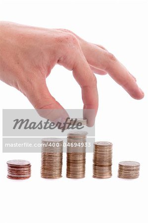 hand drop money on money, isolated on white background