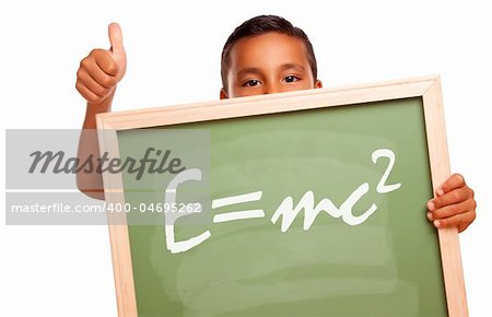 Proud Hispanic Boy Holding Chalkboard with the Theory of Relativity and Thumbs Up Isolated on a White Background.