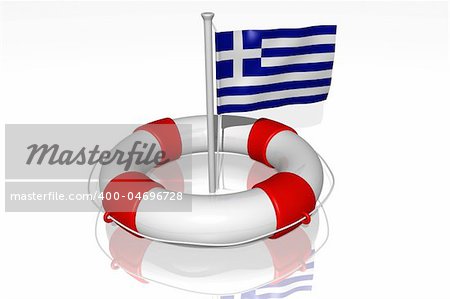 White life buoy with rope isolated and flag of Greece