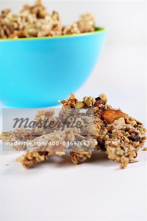 gourmet granola in blue bowl vertical