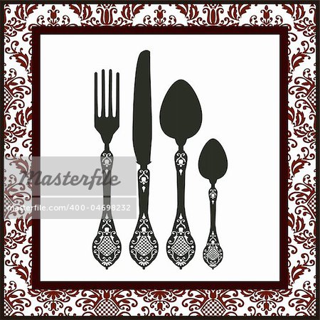 Vector silhouettes of  fork, spoon and knife with ornaments. Food design. Full scalable vector graphic included Eps v8 and 300 dpi JPG.