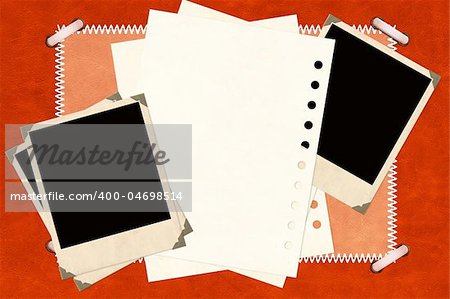 Grunge background with notebook pages and photos