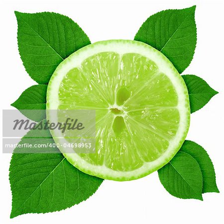 Single cross section of lime with green leaf. Isolated on white background. Close-up. Studio photography.