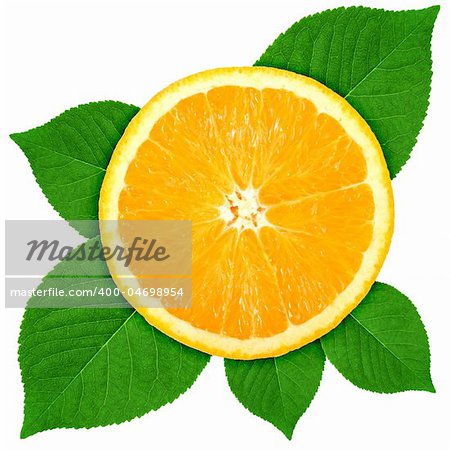 Single cross section of orange with green leaf. Isolated on white background. Close-up. Studio photography.