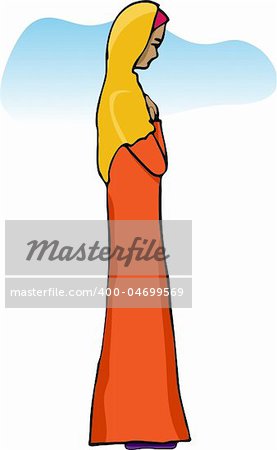 An elegant Muslim woman in the standing position (qiyam) for the Islamic Prayer Service (Salah). To change the colors or use a black and white line drawing, adjust the layers or groups in the EPS file.