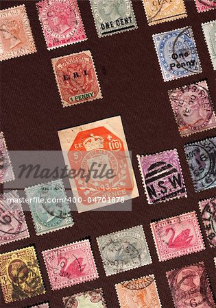 Close up of ancient old postal stamps