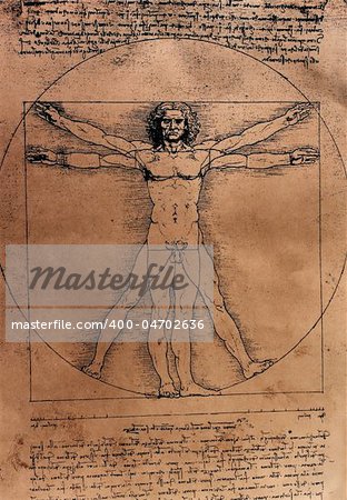 Photo of the Vitruvian Man by Leonardo Da Vinci from 1492 on textured background.