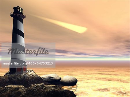 A lighthouse shines out to sea to warn passing boats and ships.