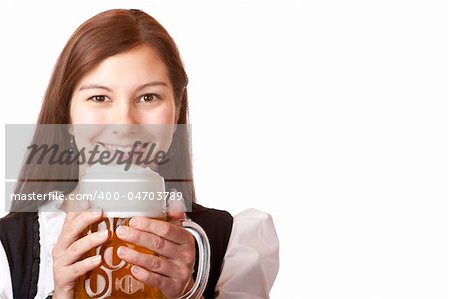 /Portrait of happy Bavarian woman with Oktoberfest beer stein. Isolated on white background.