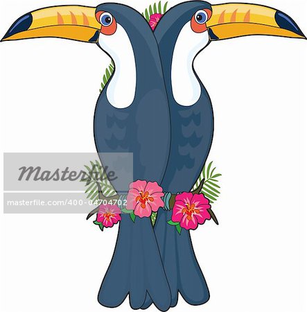 A pair of toucans sitting on a hibiscus branch. They are shaped like the letter T