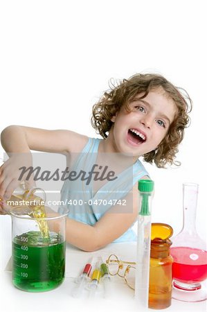 Beautiful chemistry little girl playing on a laboratory