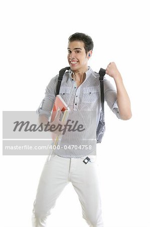 Happy student jump with college stuff in hand isolated on white