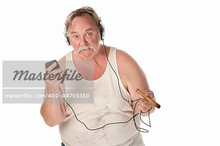 Sloppy looking man with cigar and mp3 player