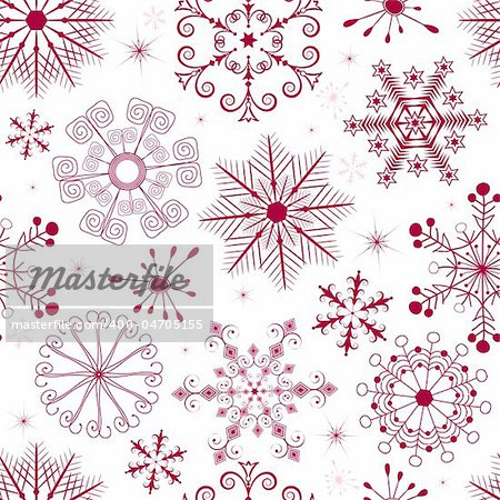 Seamless white christmas pattern with red and pink snowflakes (vector)