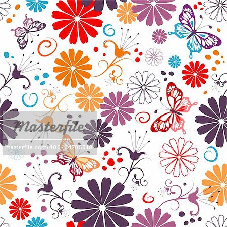 Seamless floral white pattern with flowers and butterflies (vector)