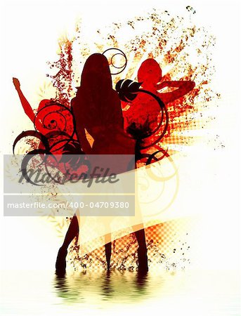 three women silhouettes over orange floral background with place for your text