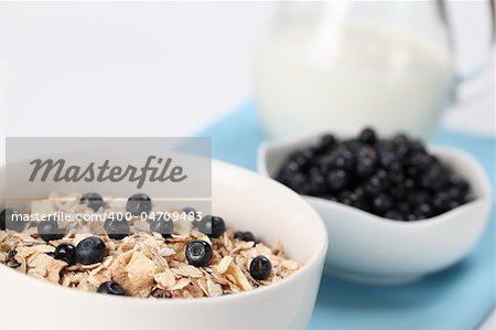 Granola with fresh wild blueberries and milk. Shallow DOF