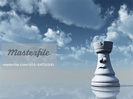 white chess rook with comic face under cloudy blue sky - 3d illustration