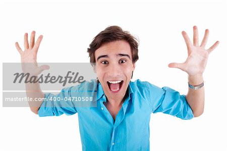 Portrait of a very happy young man with his arms raised, and hands open