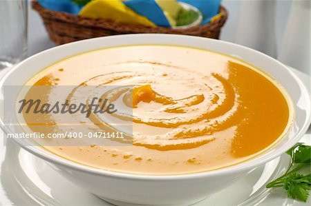 Delicious hearty homemade pumpkin soup ready to serve.