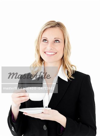 Charismatic businesswoman holding a cup of coffee agaisnt white background