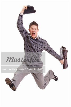 Aggressive men in jump and arm forward. Isolation on a white background in the studio.