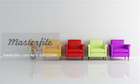 four colored armchair in a empty living room - rendering