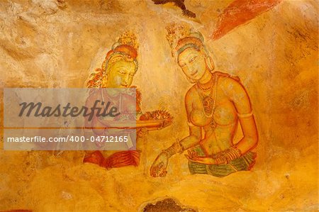 Ancient famous wall paintings (frescoes) at Sigirya, Sri Lanka